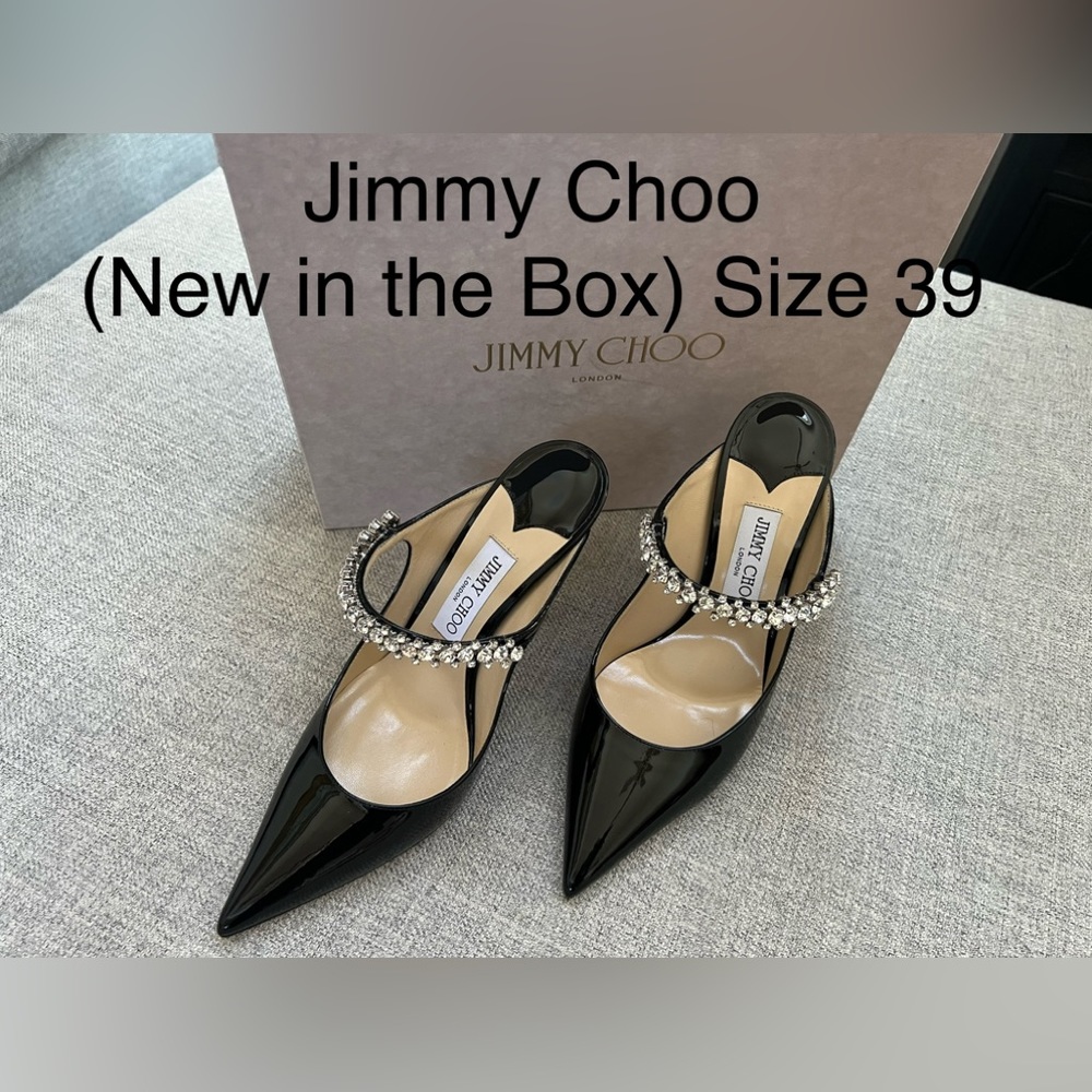 NIB Jimmy Choo Bing 100 Black Patent Leather Mules with Crystal Strap 39
